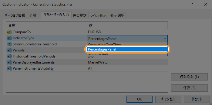 （パラメータ入力方法）「IndicatorType」から「PercentagesPanel」を選択した図