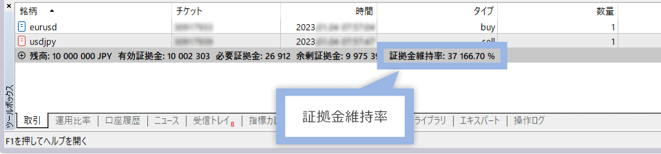 MT4/MT5 ターミナル（ツールボックス）にて証拠金維持率が表示