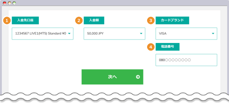 利用するクレジットカードの国際ブランド・入金額を選択