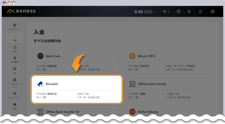 入金方法一覧からbitwalletを選択