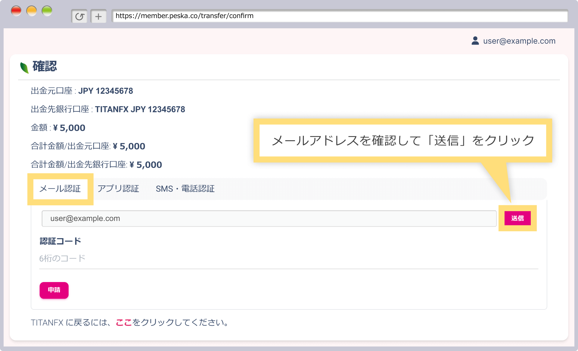 認証コードの入力（メール認証の場合）