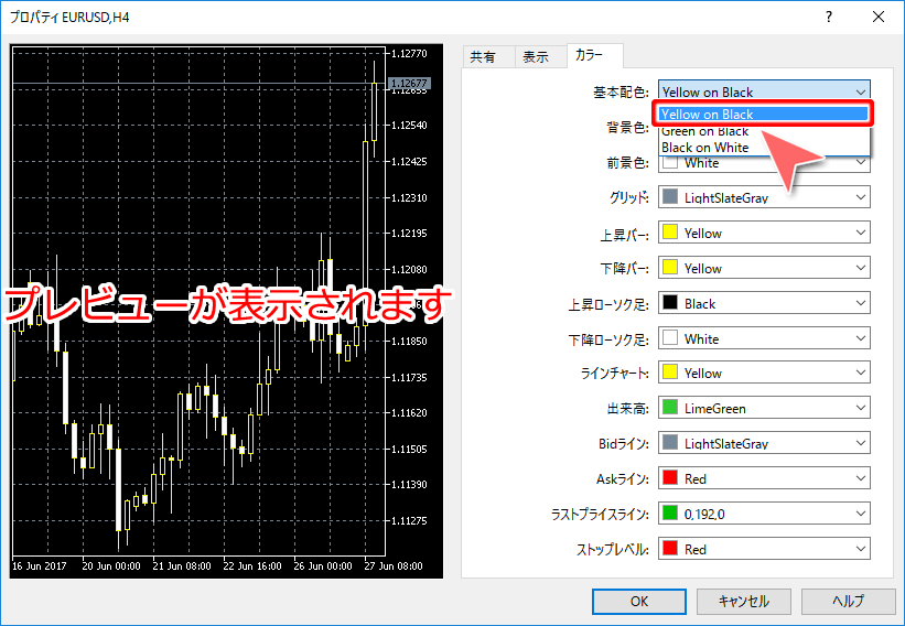 チャートのプロパティ カラー変更画面