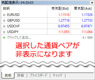 気配値表示ウインドウ内特定通貨ペア非表示完了画面