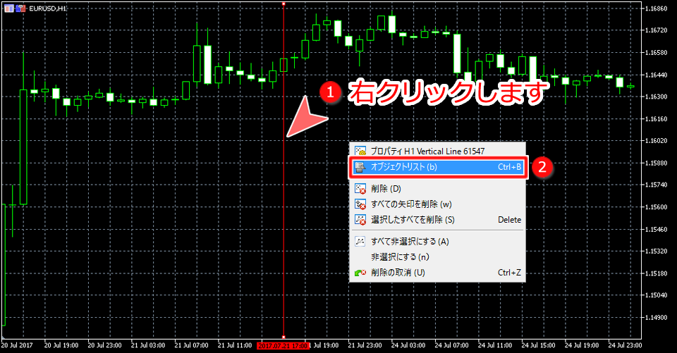 MetaTrader5 チャート内からのオブジェクトリスト選択画面