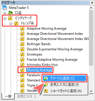 ナビゲータ内 移動平均線選択画面