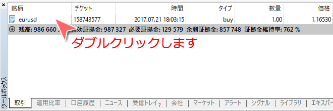 MetaTrader5 ツールボックスからの成行決済方法1