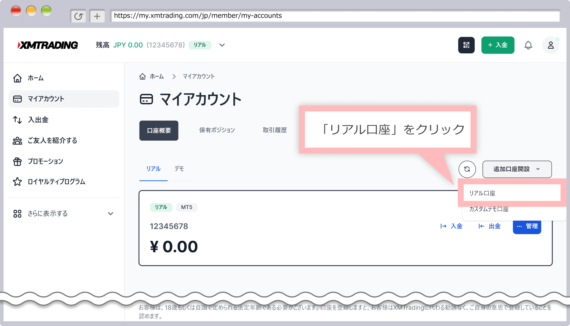 「追加口座開設」をクリック