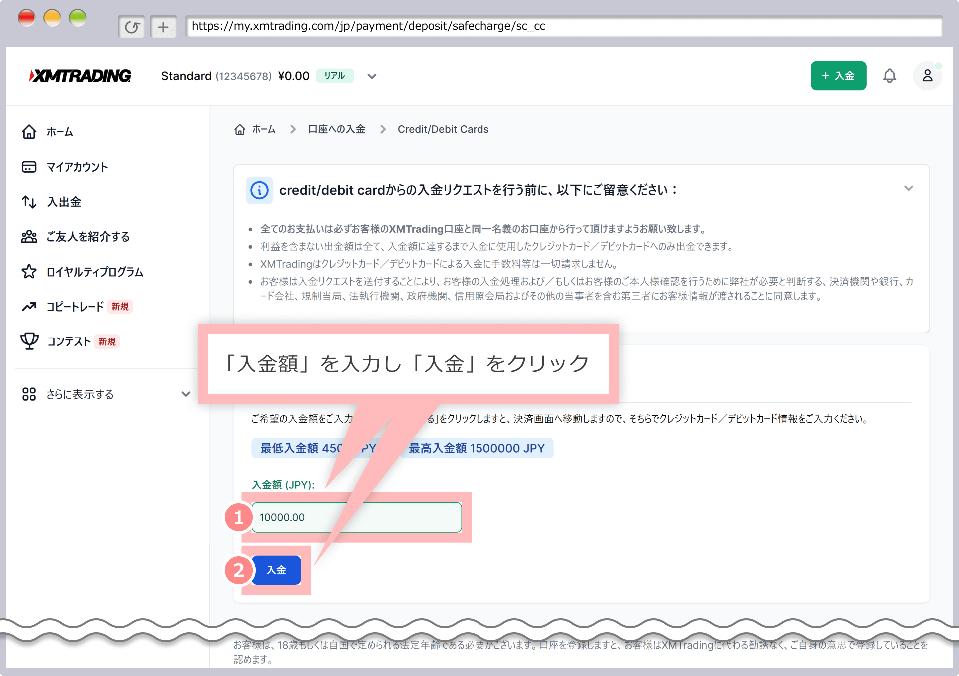 資金の入金画面（クレジットカード/デビットカード）