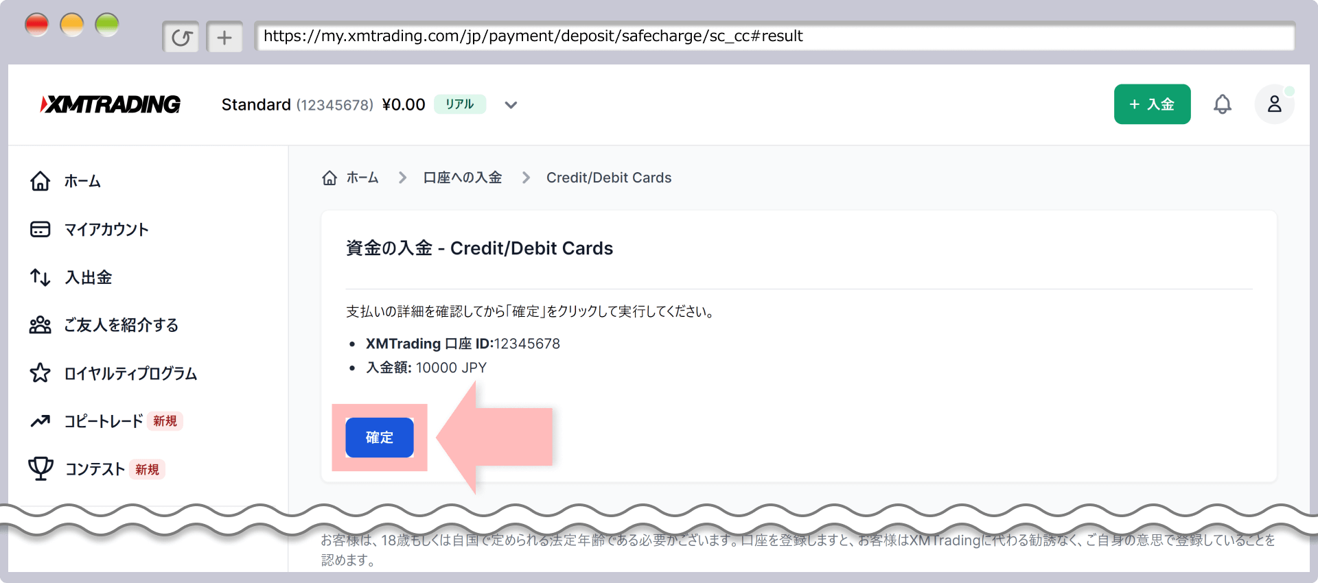 入金確認画面（クレジットカード/デビットカード）