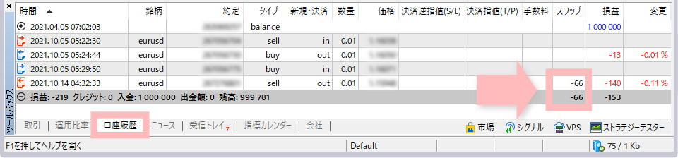 付与済みのスワップポイントを確認する（ポジション決済後）